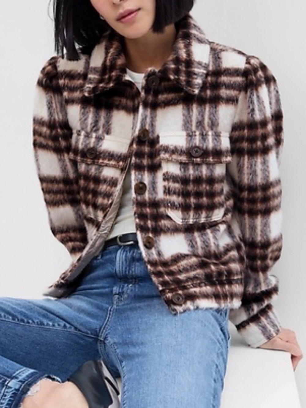 GAP Plaid Jean Jacket in Brown & Cream